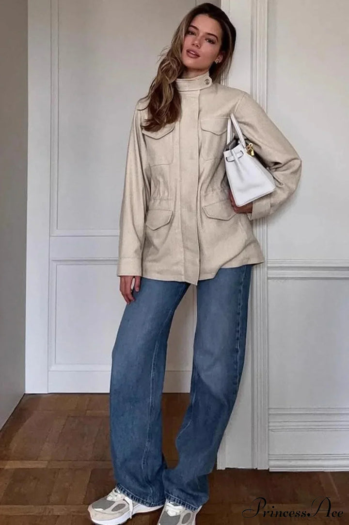 Luvik | Enfarget Krage Elastisk Midje Langermet Trench-coat