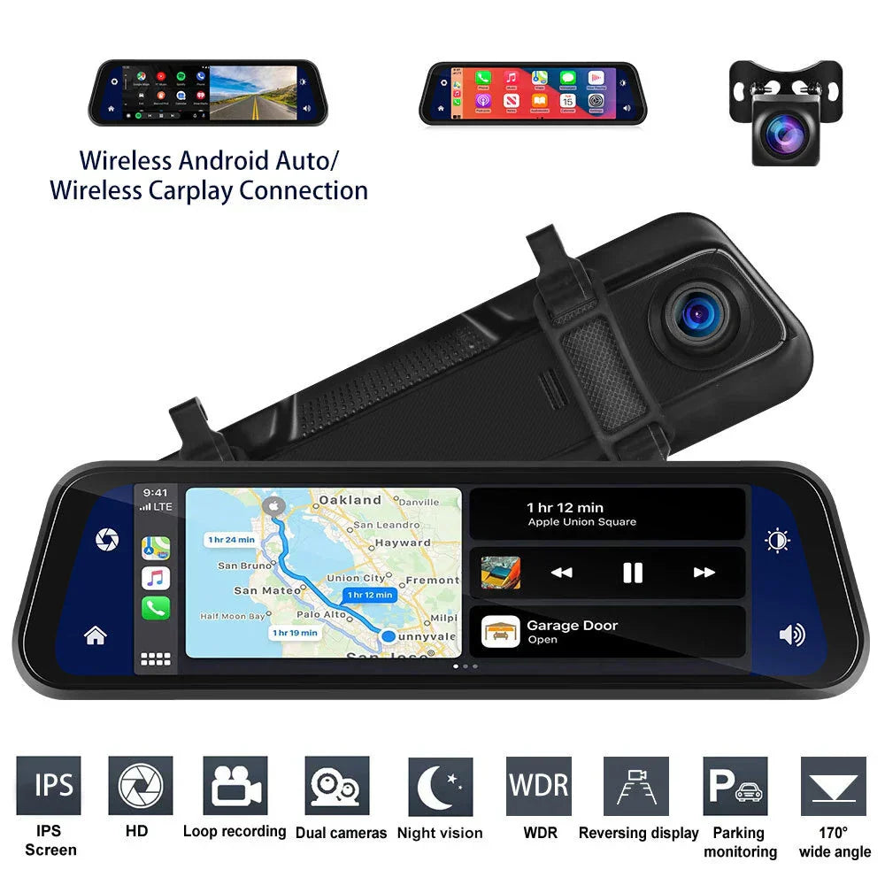 Luvikno | Bakhjulsspeil Dash Cam 4K Front & Bak | CarPlay & Smart Kjøreassistent