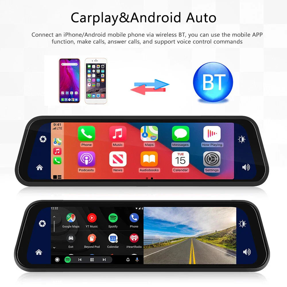 Luvikno | Bakhjulsspeil Dash Cam 4K Front & Bak | CarPlay & Smart Kjøreassistent