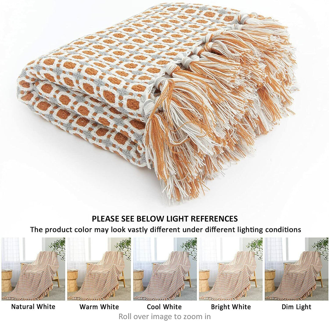 Boho Strikket Teppe Kast Frynse Rutete Reise Teppe Store Tepper For Sofa Seng Luvikno