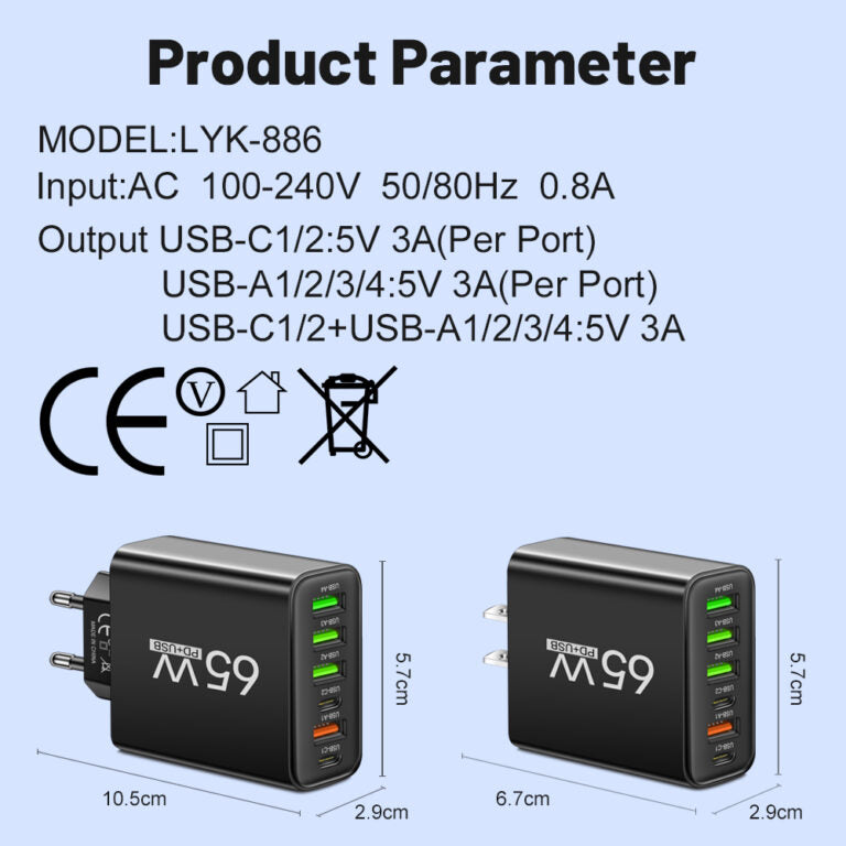 Luvikno | PowerMax 65W 6-i-1 Hurtiglader – Lader opptil 6 enheter samtidig – Ideell for hjem, kontor og reise