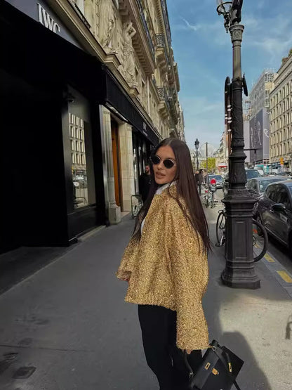 Luvik | Naisille bomber-takki kultaisilla paljeteilla ja rento malli juhliin tai vapaa-aikaan