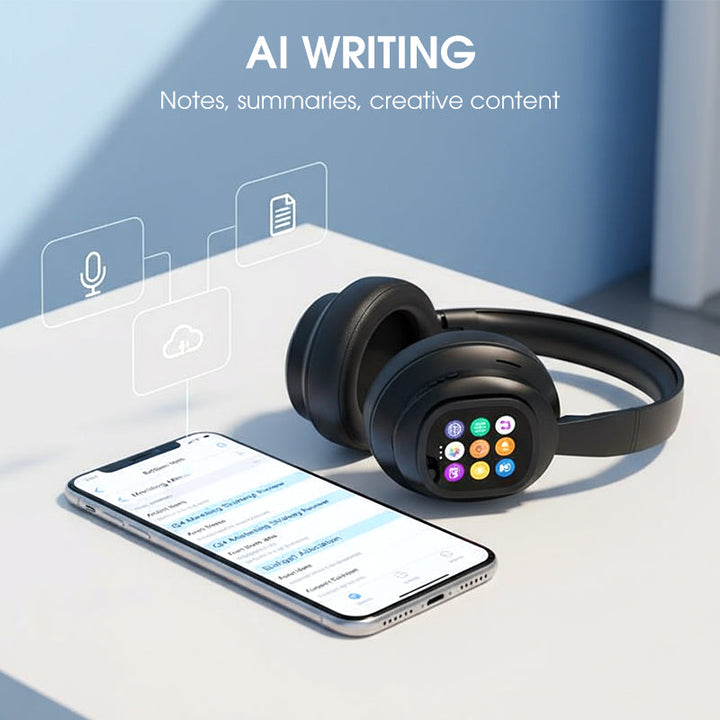 Luvikno | AIWave | AI Bluetooth Hodetelefoner med LCD-skjerm Stemmestyring Lydisolasjon for Musikk og Samtaler