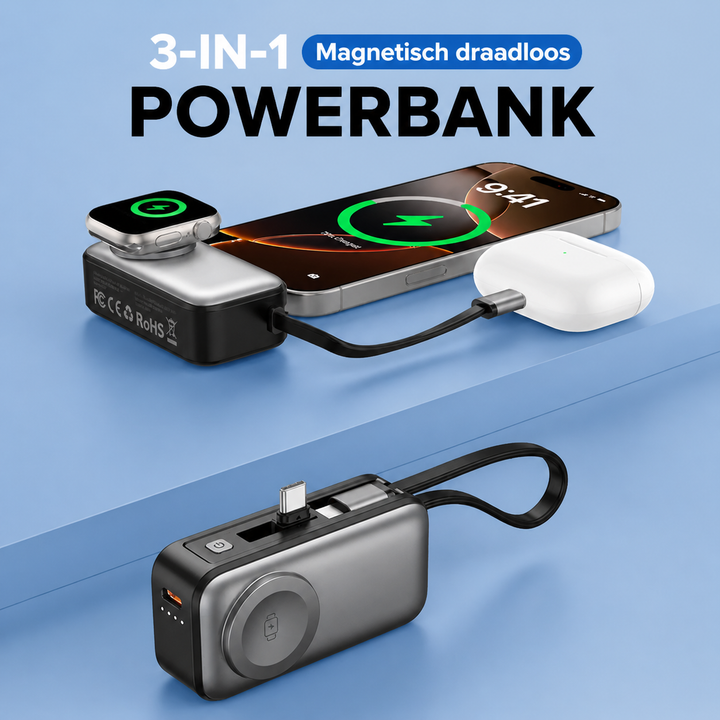 Magnetisk 3-i-1 Powerbank med trådløs lading | Luvikno