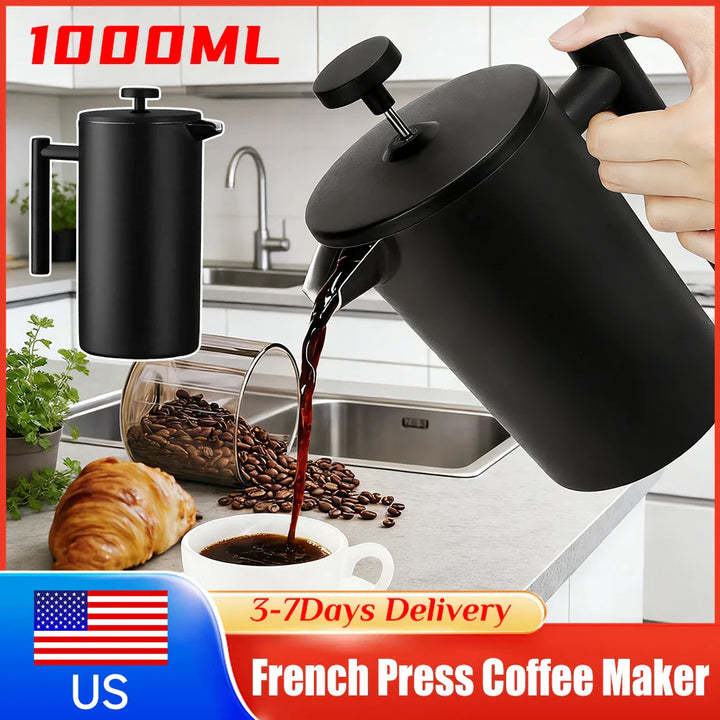 Rustfritt Stål Fransk Press Dobbel Vegg Isolert Kaffe Te Maker | Luvikno