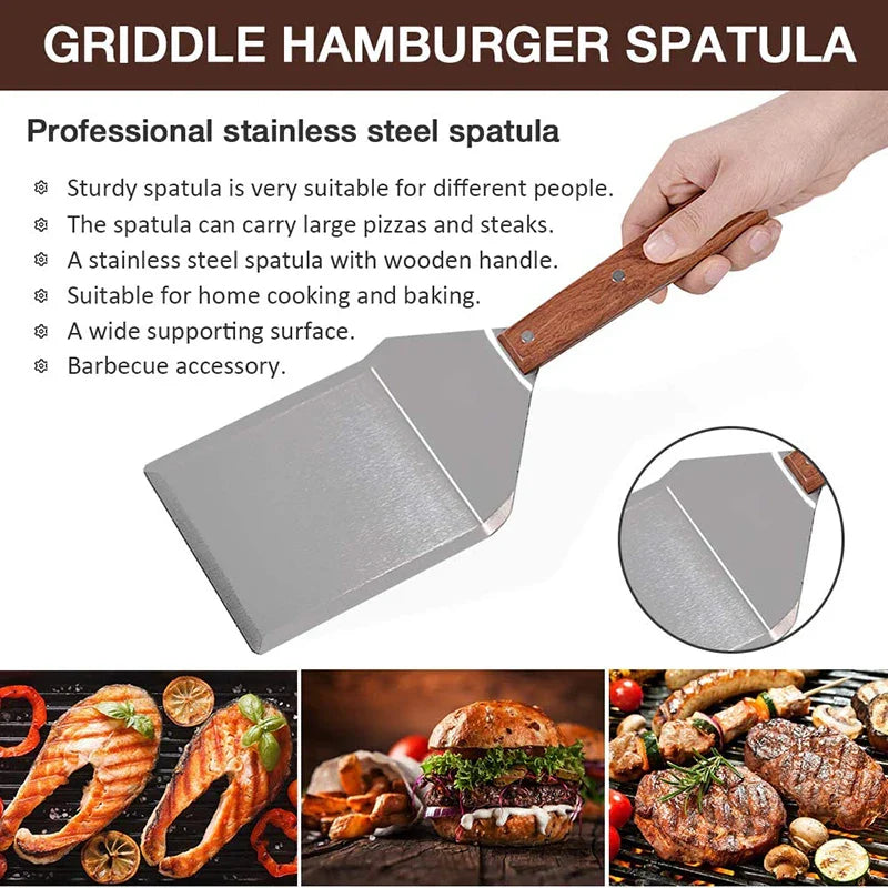Rustfritt Stål Spatel Skrape med Trehåndtak Grill Vender | Luvikno