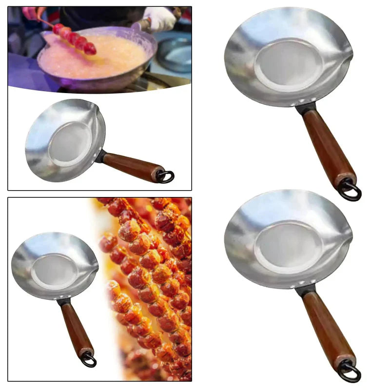 Rustfritt Stål Sukker Smeltende Panne Wok med Hellutløp Trehåndtak | Luvikno