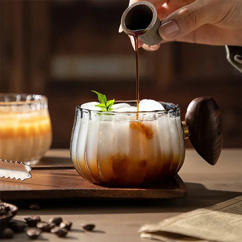 Stripete Varmeresistent Silikon Glass Kaffekopp med Trehåndtak | Luvikno