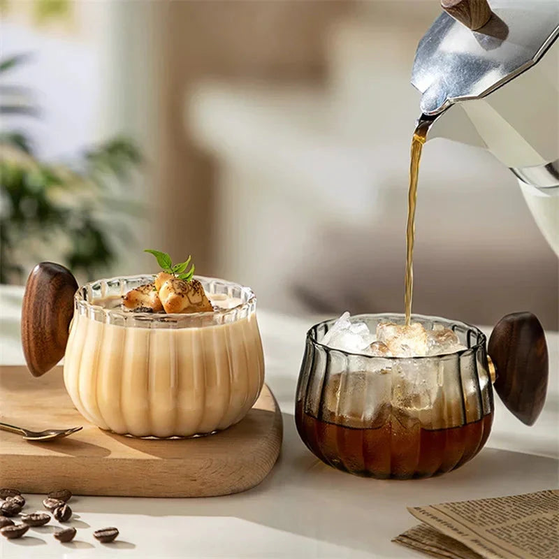 Stripete Varmeresistent Silikon Glass Kaffekopp med Trehåndtak | Luvikno