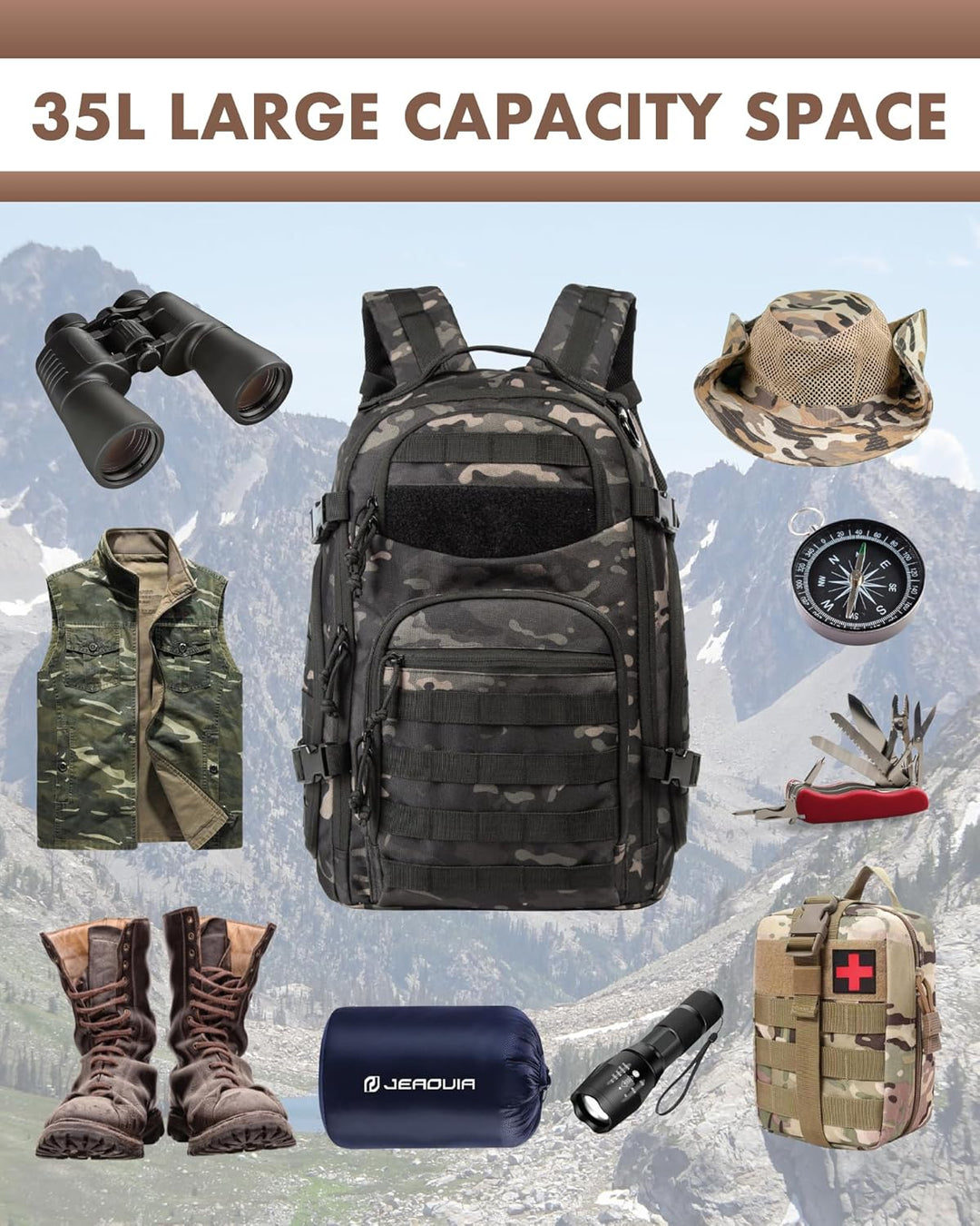 35L Utendørs Taktisk Ryggsekk med Molle System og Laptop Oppbevaring | Luvikno