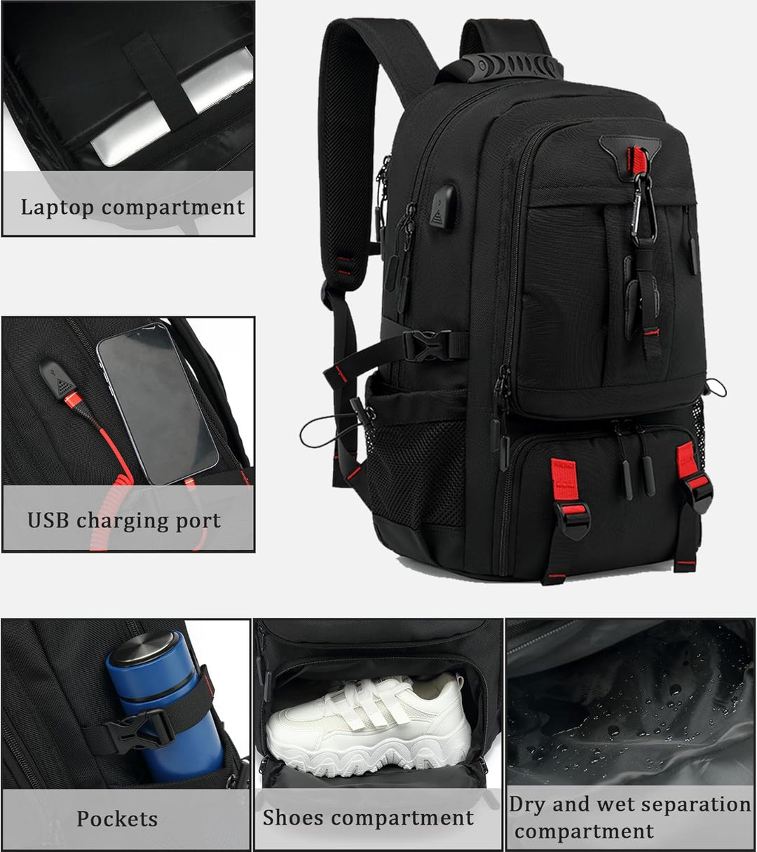 60L Vanntett Reisedatamaskinryggsekk med USB-port og Skoforening | Luvikno