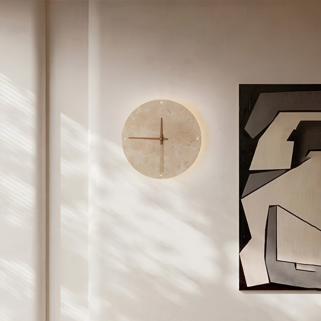 Travertine Veggklokke med LED Lys – Minimalistisk & Dekorativ | Høy- Kvalitets Naturlig Stein Klokke | Luvikno