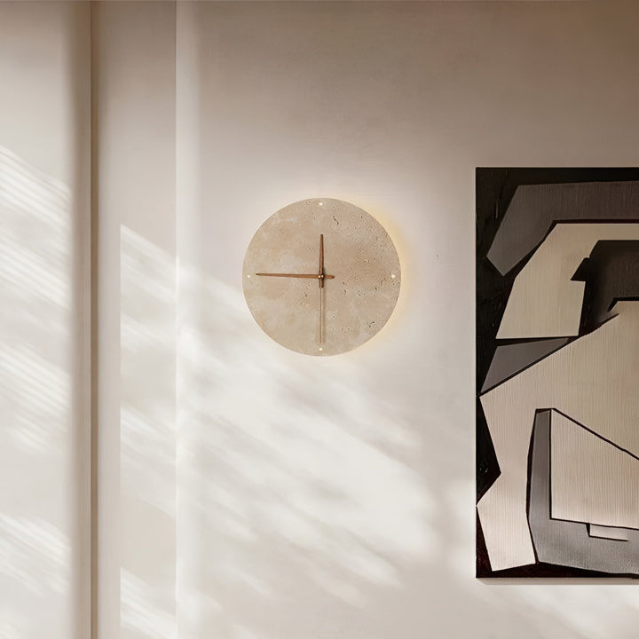 Travertine Veggklokke med LED Lys – Minimalistisk & Dekorativ | Høy- Kvalitets Naturlig Stein Klokke | Luvikno