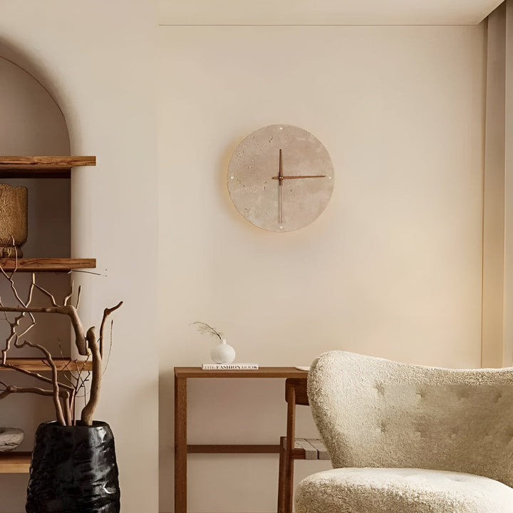 Travertine Veggklokke med LED Lys – Minimalistisk & Dekorativ | Høy- Kvalitets Naturlig Stein Klokke | Luvikno