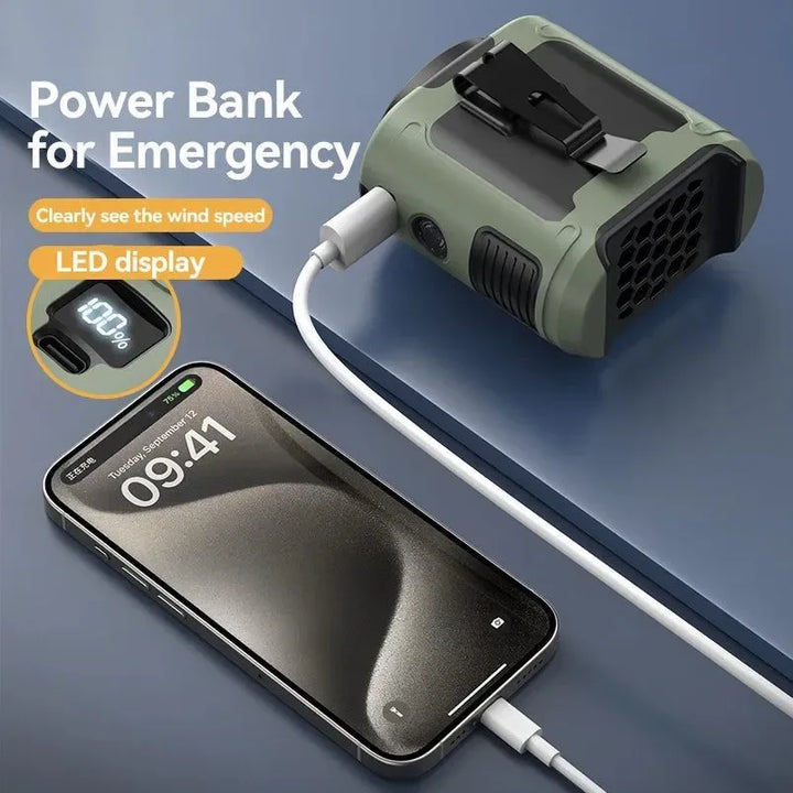 10000mAh Bærbar Utendørs Livmorvifte – Hengende Nakke & Sterk Vind med Power Bank & LED Belysning | Luvikno