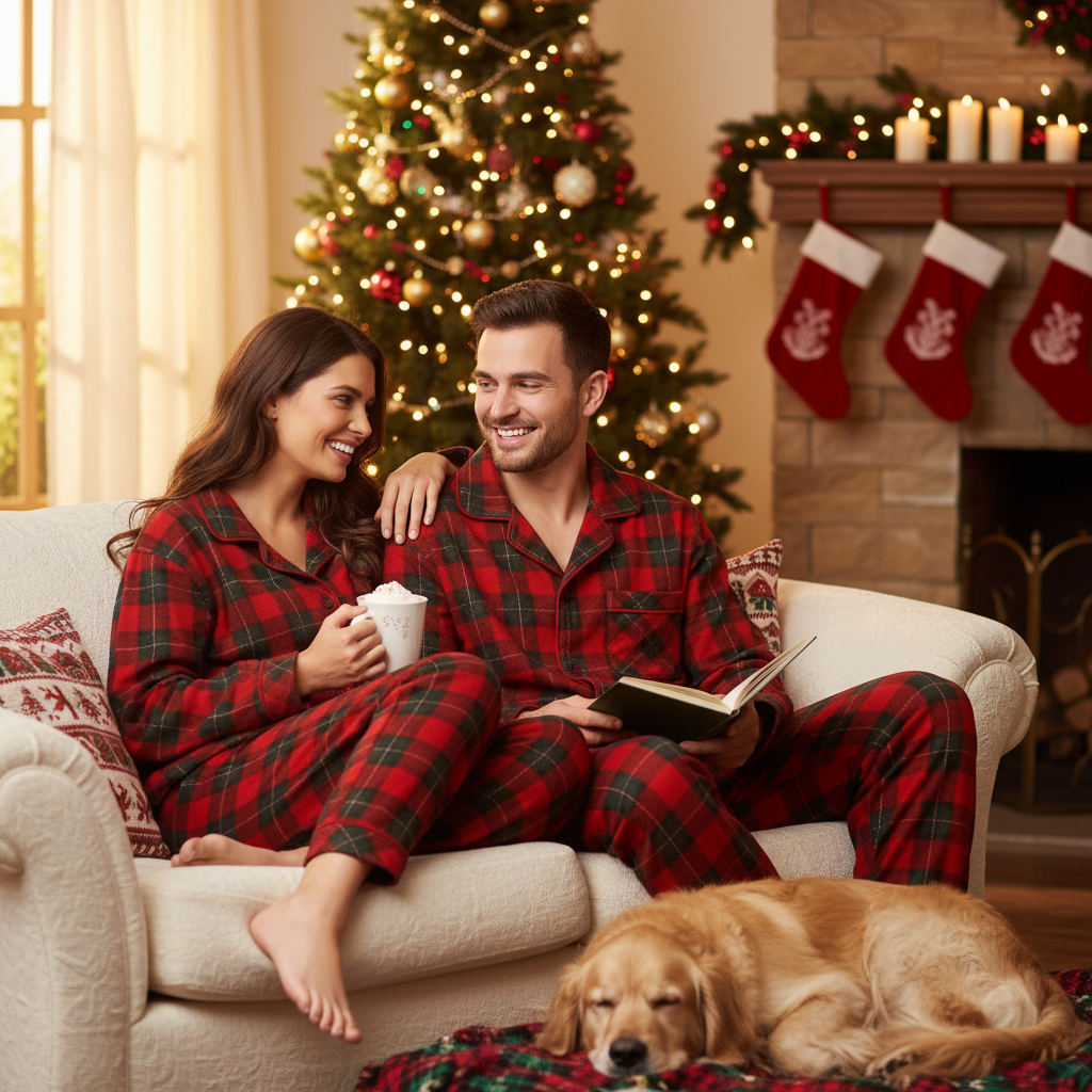 Luvik | jouluperheen yhteensopivat punaiset ja vihreät ruudulliset nappikauluksiset pitkät hihapajamasetit