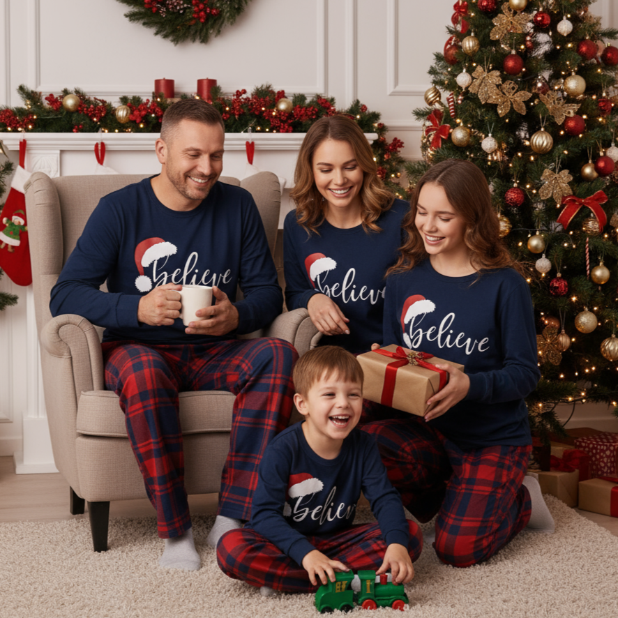 Luvik | Joulun "Usko" Kirjainpainatus Sininen Pitkähihainen Paita Punaisilla ja Sinisillä Ruudullisilla Joulun Perhetyyppisillä Pyjamilla