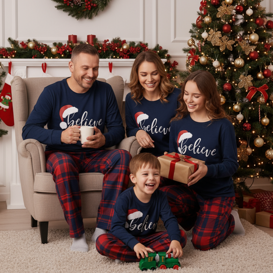 Luvik | Joulun "Usko" Kirjainpainatus Sininen Pitkähihainen Paita Punaisilla ja Sinisillä Ruudullisilla Joulun Perhetyyppisillä Pyjamilla