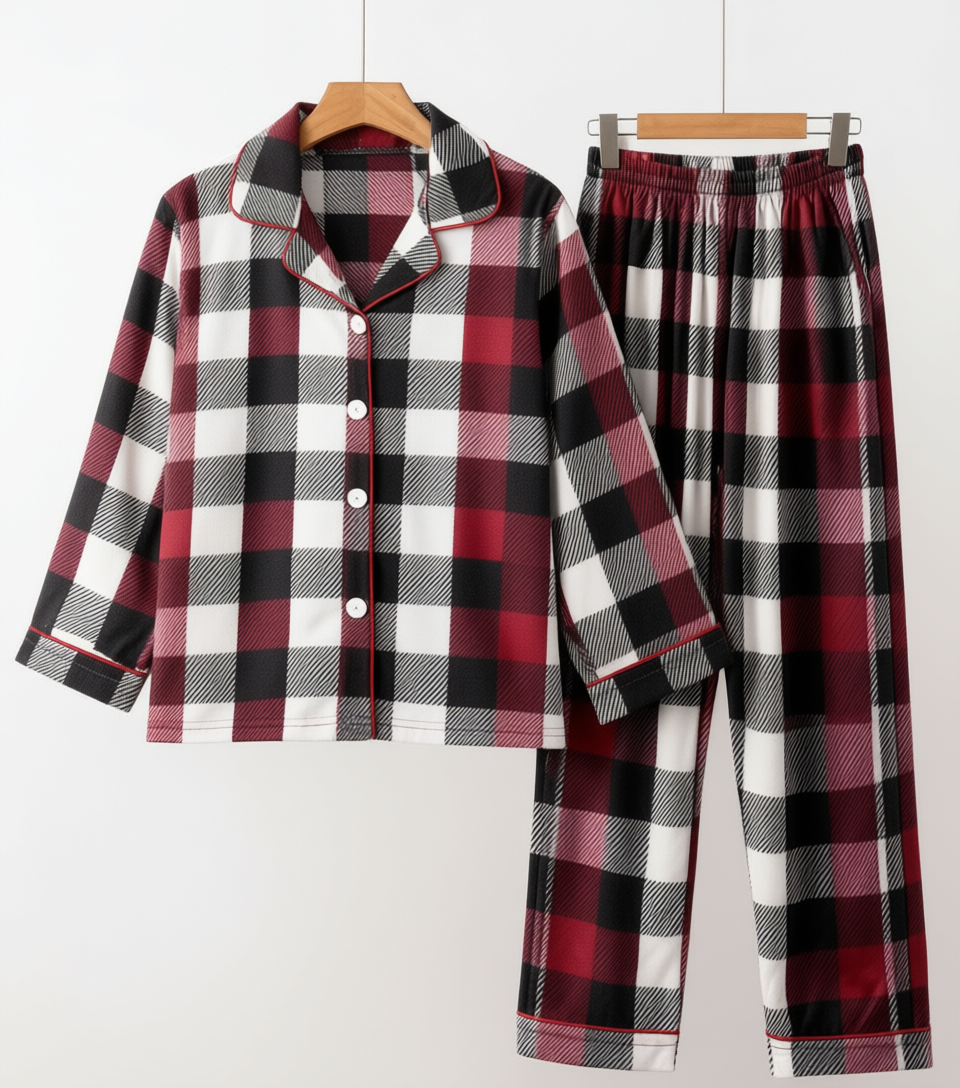 Luvik | Perhe Joulupunainen ja Valkoinen Ruudullinen Napillinen Pyjama Setti
