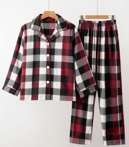 Luvik | Perhe Joulupunainen ja Valkoinen Ruudullinen Napillinen Pyjama Setti