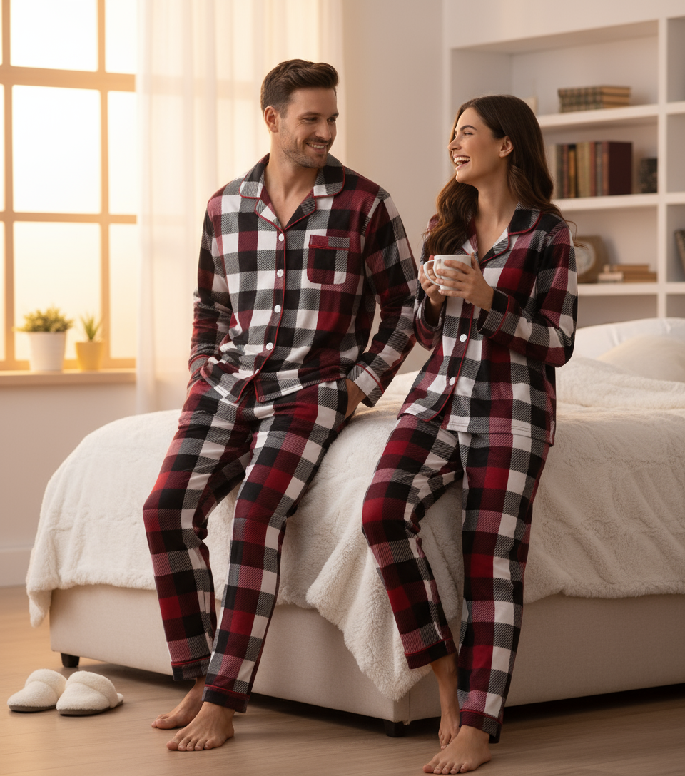 Luvik | Perhe Joulupunainen ja Valkoinen Ruudullinen Napillinen Pyjama Setti