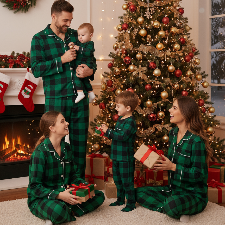 Luvik | Joulun perheelle sopivat vihreät ruudulliset nappikauluspaitapajamasetit pitkähihaisella