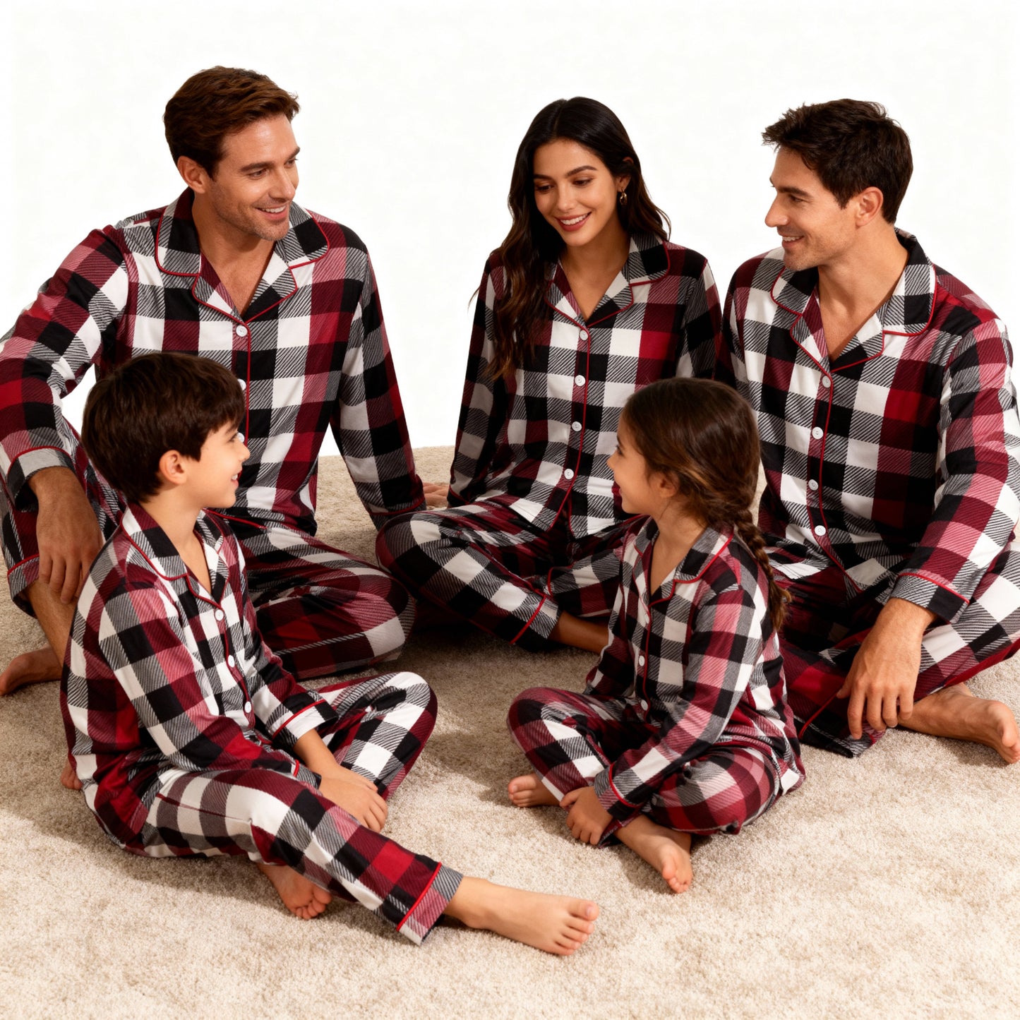 Luvik | Perhe Joulupunainen ja Valkoinen Ruudullinen Napillinen Pyjama Setti