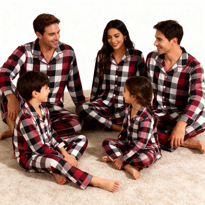 Luvik | Perhe Joulupunainen ja Valkoinen Ruudullinen Napillinen Pyjama Setti