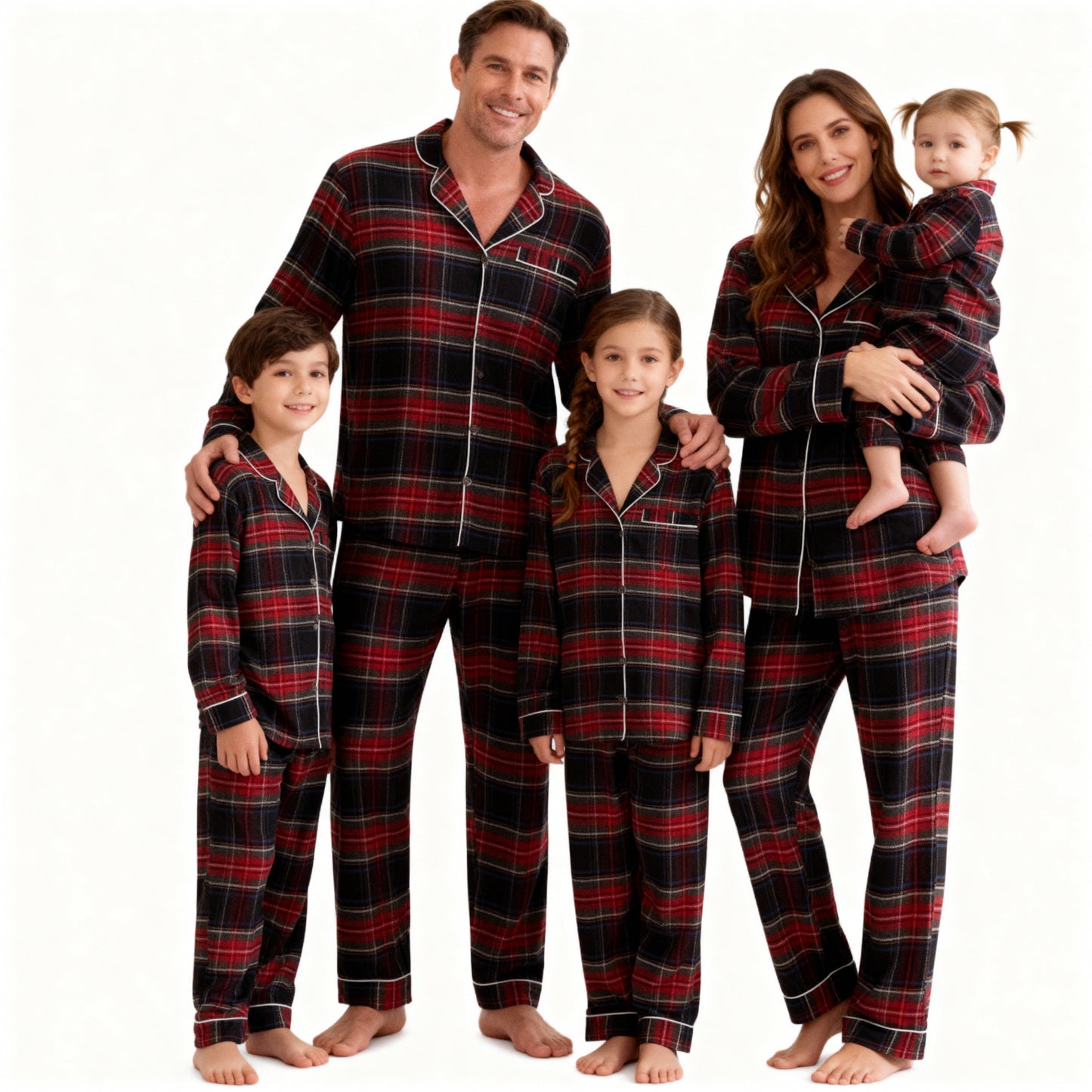 Luvik | Joulu Punainen Ruudullinen Napillinen Perhe Pyjama Setti