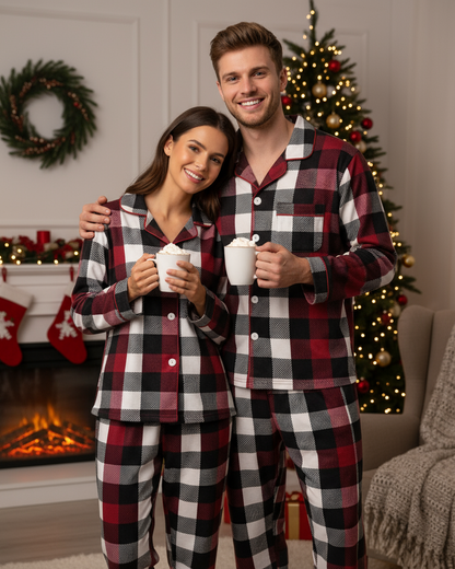 Luvik | Perhe Joulupunainen ja Valkoinen Ruudullinen Napillinen Pyjama Setti