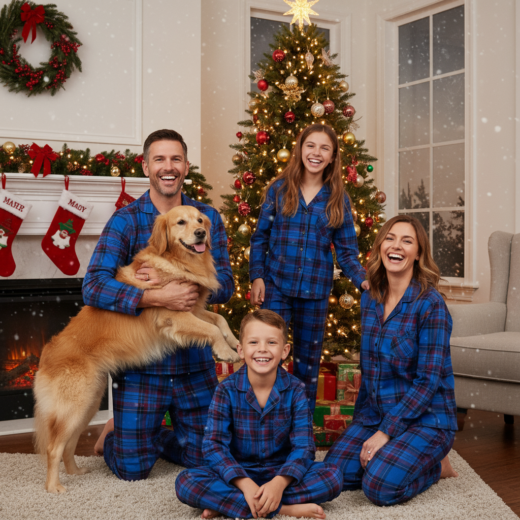 Luvik | Loma Perhe Sininen Ruudullinen Joulupyjama Setti