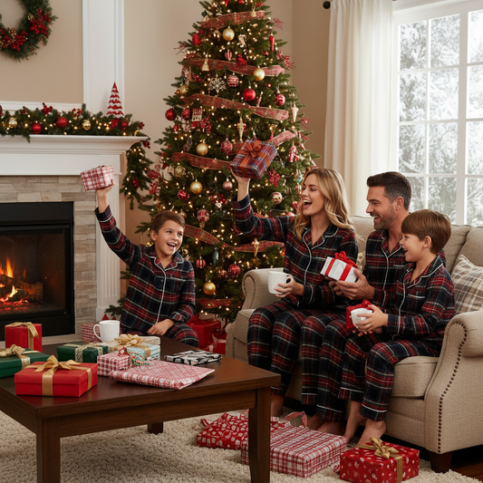 Luvik | Joulu Punainen Ruudullinen Napillinen Perhe Pyjama Setti