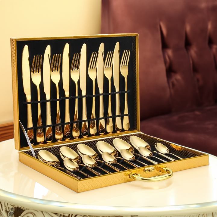 Luvikno | Opulent Gold Besteickssett - Det elegante 24-delte gull- og sølvbesteikksettet