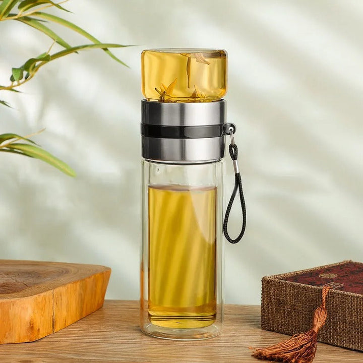 Luvikno | WoodGlass Thermo – Transparent Bærbar Isolert Flaske med Tefilter for Sunne Drikker På Farten