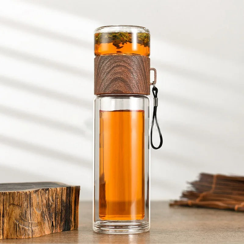 Luvikno | WoodGlass Thermo – Transparent Bærbar Isolert Flaske med Tefilter for Sunne Drikker På Farten