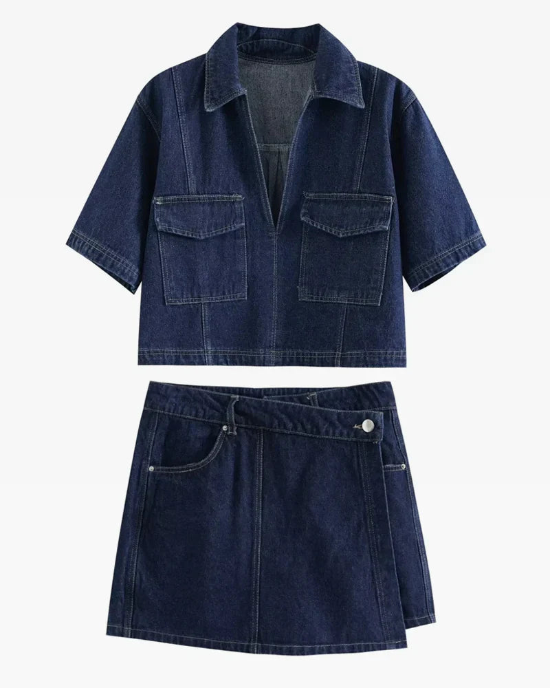 Luvik | Tyylikkäät Denim-lyhyet housut ja toppi modernilla V-kaula-aukolta