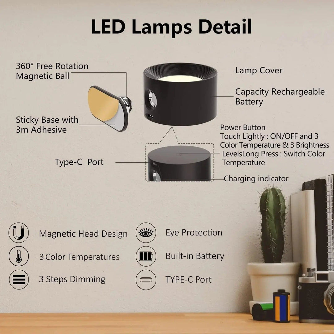 Luvikno | Batteridrevet vegglampe | Oppladbar, 360° justerbar og trådløs for soverom, ganger og lesehjørner
