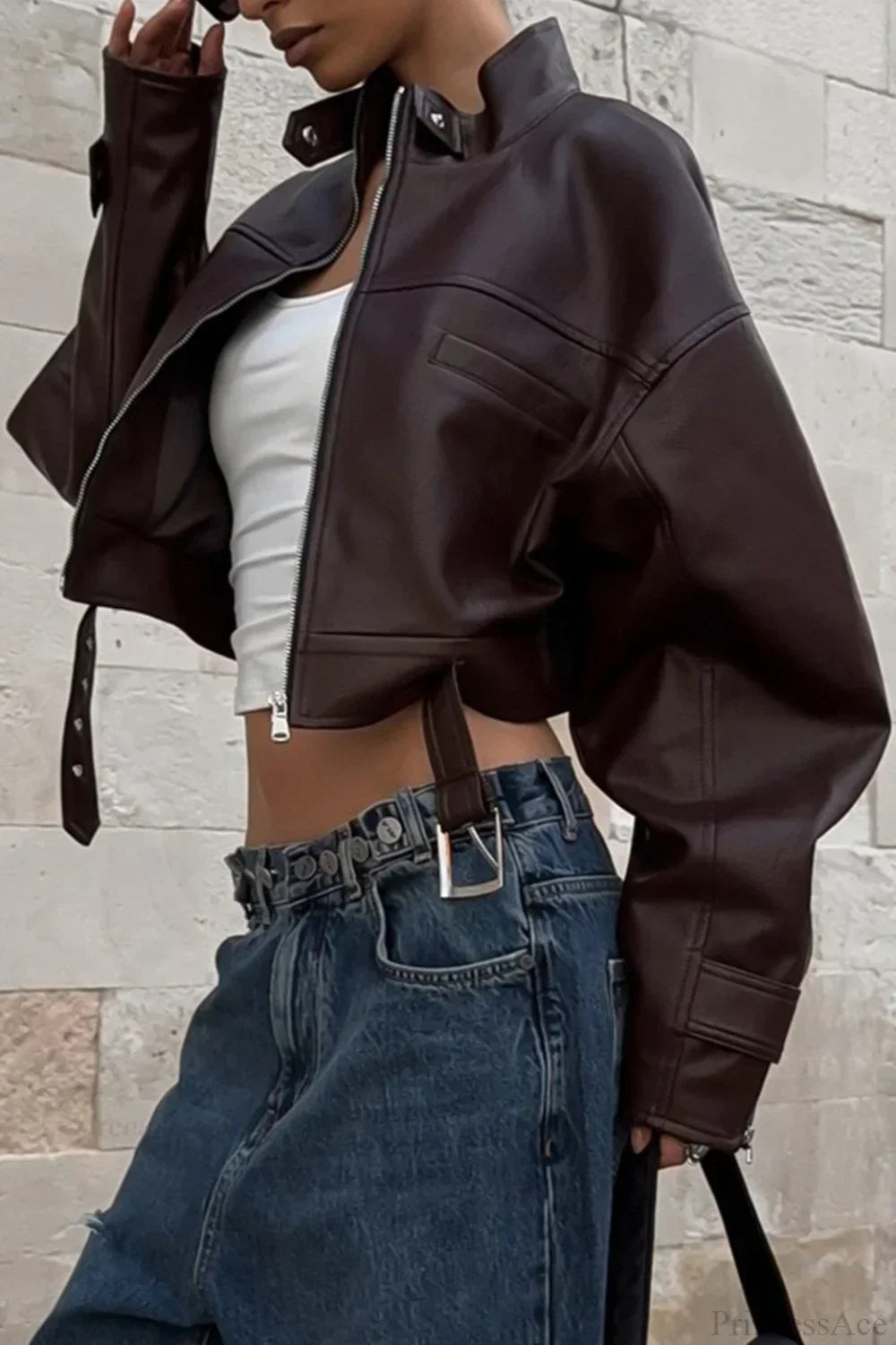 Luvik | Biker Korkea Kaulus Vetoketju Nahkatakki