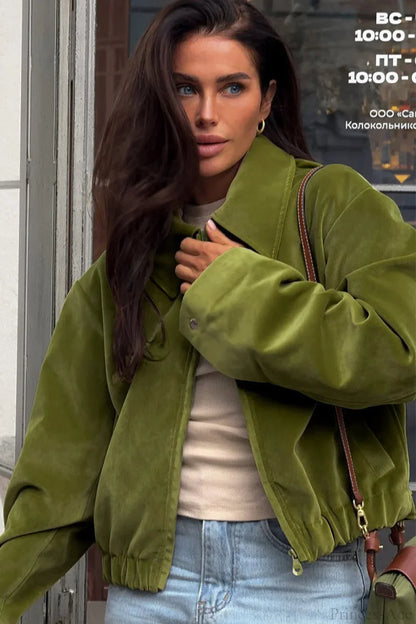 Luvik | Vihreä Sametti Väljä Baseball Kauluspaita Takki