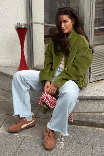 Luvik | Vihreä Sametti Väljä Baseball Kauluspaita Takki