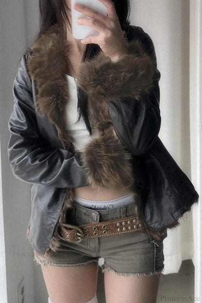 Luvik | Y2K Tekoturkis Kauluksella Nahka Vyötärö - Rypytetty Takki