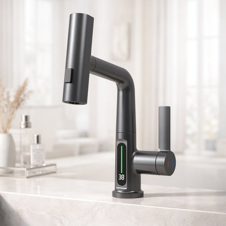 Trekk-ut kjøkkenkran med LED og 5 spraymoduser | Luvikno