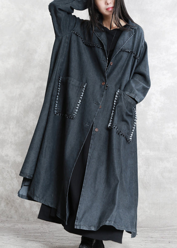 Luvik | svart lang vinterjakke Kombinerte lommer Lange langermede denim-patchwork-jakker stilige