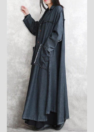 Luvik | svart lang vinterjakke Kombinerte lommer Lange langermede denim-patchwork-jakker stilige