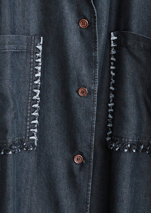 Luvik | svart lang vinterjakke Kombinerte lommer Lange langermede denim-patchwork-jakker stilige